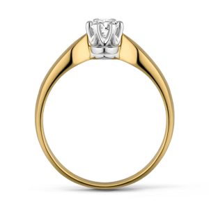 Elegancki pierścionek z brylantem 0,15 ct, czystość SI i barwa H. Centralny diament Ø 3,50 mm w klasycznej oprawie oraz piękne żółte złoto. Ponadczasowy model Jubiler Azuryt.