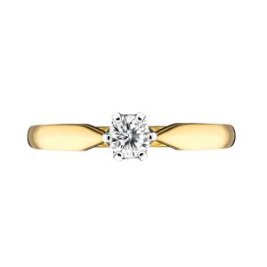 Elegancki pierścionek z brylantem 0,15 ct, czystość SI i barwa H. Centralny diament Ø 3,50 mm w klasycznej oprawie oraz piękne żółte złoto. Ponadczasowy model Jubiler Azuryt.
