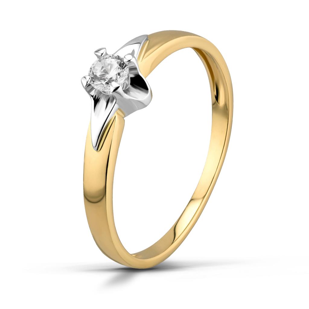 Pierścionek z brylantem 0,15 ct żółte i białe złoto – diament SI H