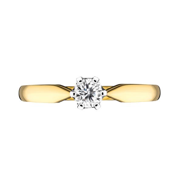 Elegancki pierścionek z brylantem 0,15 ct, czystość SI i barwa H. Centralny diament Ø 3,50 mm w klasycznej oprawie oraz piękne żółte złoto. Ponadczasowy model Jubiler Azuryt.