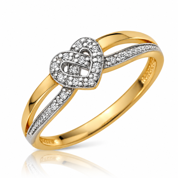 Pierścionek z brylantami i sercem 0,065 ct żółte złoto 585 rodowany P 1874 B