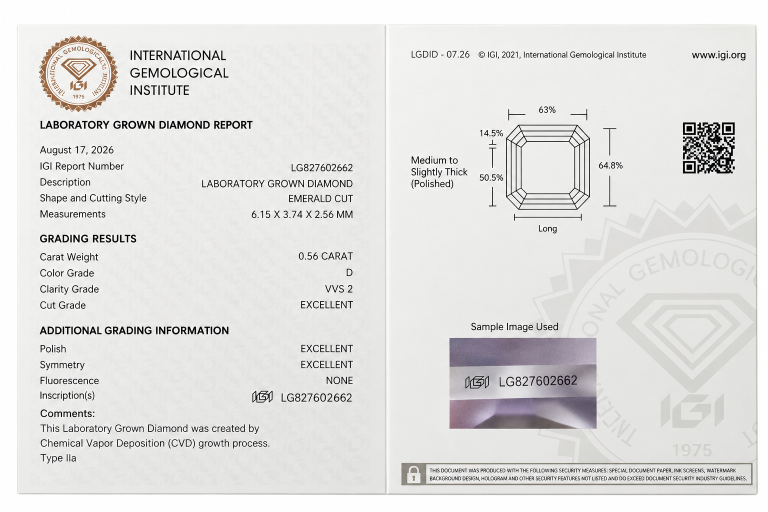 Certyfikat IGI diamentu laboratoryjnego 0,56 ct LG827602662